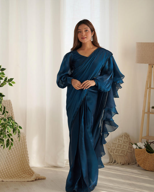 Party Wear Blue Color Organza Ready To Wear Saree With Stich Blouse