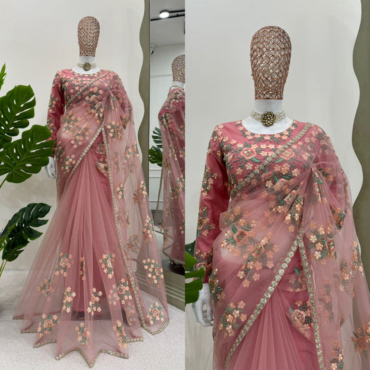 Wedding Wear Baby Pink Color Soft Net With Thread And Sequence Work Saree