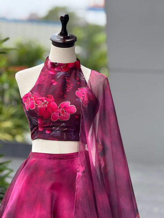 Wedding Wear Magenta Color Digital Print With Jari Work Lehenga Set