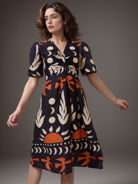 Black Abstract Sun & Leaf Print A-Line Midi Dress