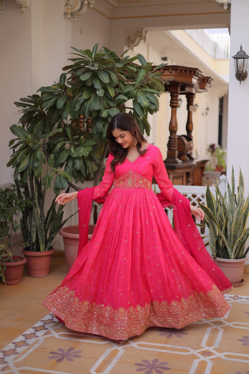 Rani Pink Embroidered Anarkali Gown for Festive & Wedding Wear