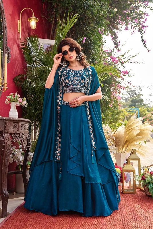 Teal Embroidered Lehenga Set with Cape-Style Dupatta