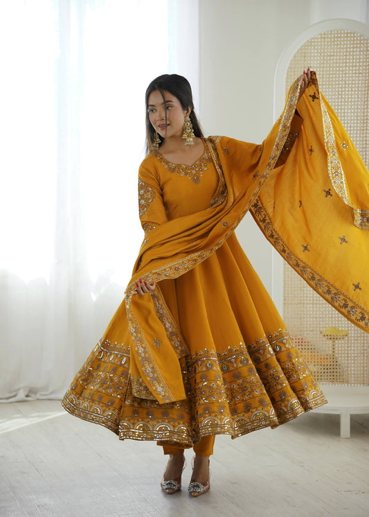 Mustard Embroidered Anarkali Suit with Matching Dupatta