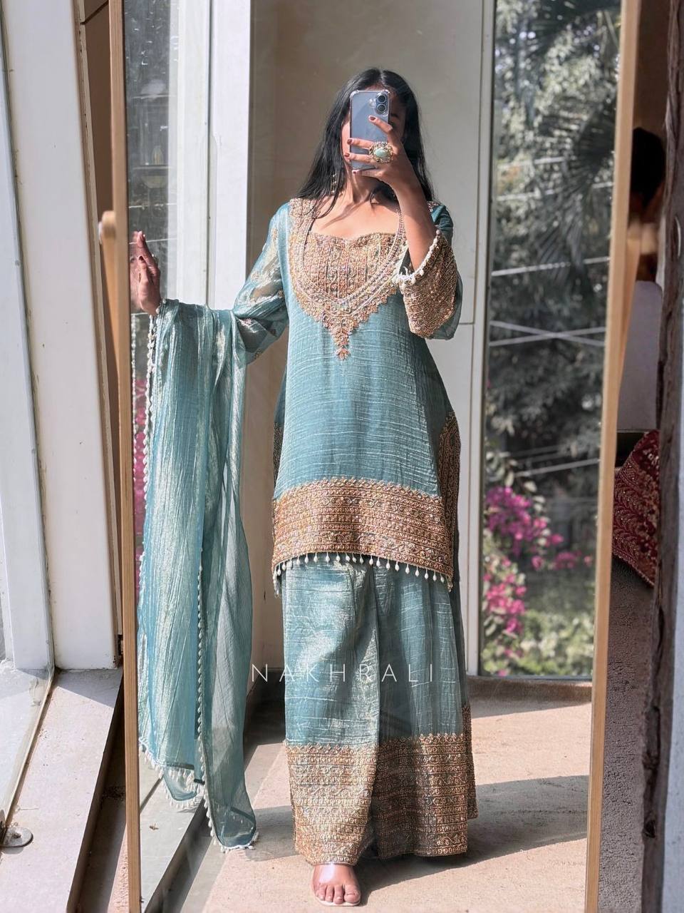 Firozi Fendy Silk Embroidered Sharara Suit Set with Lace Work