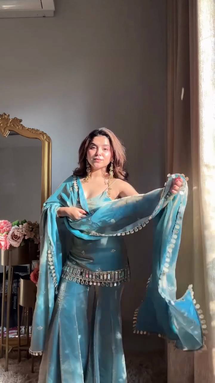 Teal Mirror-Embellished Kurta Set with Flared Pants and Dupatta