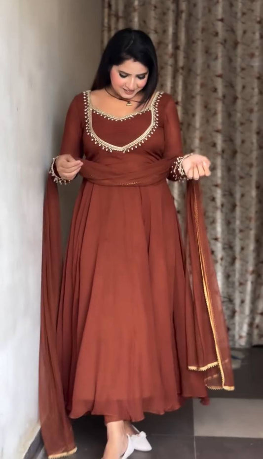 Elegant Rust Anarkali Dress with Embellished Neckline