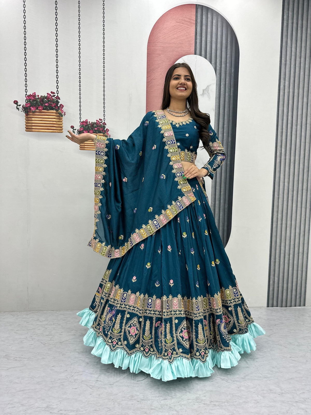 Teal Blue Embroidered Lehenga Set with Asymmetric Dupatta