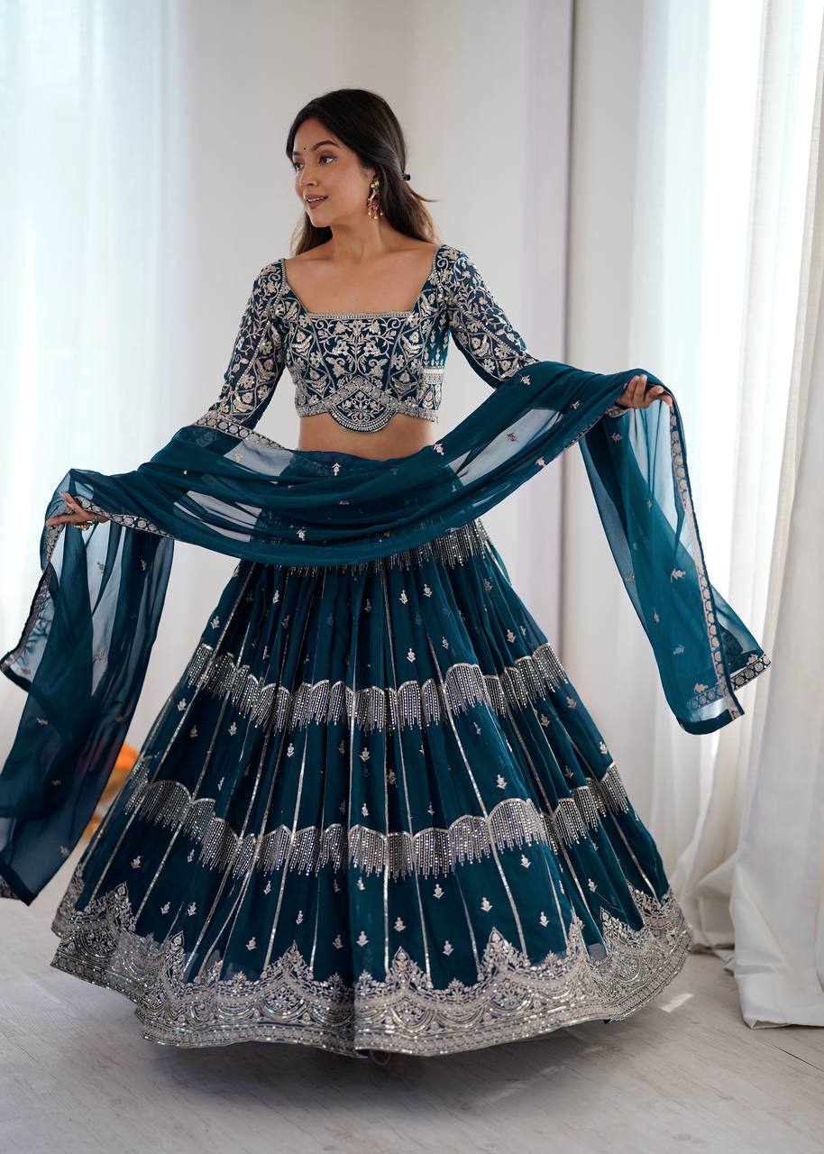 Teal Blue Embroidered Lehenga Choli Set with Dupatta