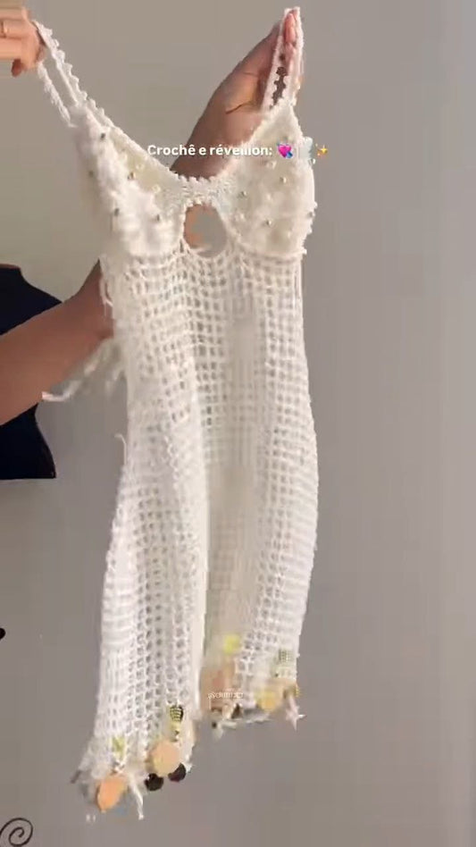 White Crochet Pearl Detail Mini Dress
