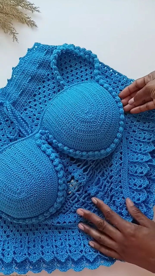 Blue Hand-Crocheted Lace Bikini Top