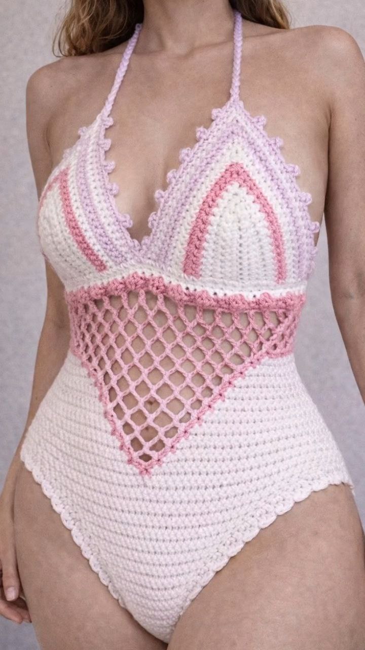 Handcrafted Crochet One-Piece Swimsuit – Mesh Panel Design