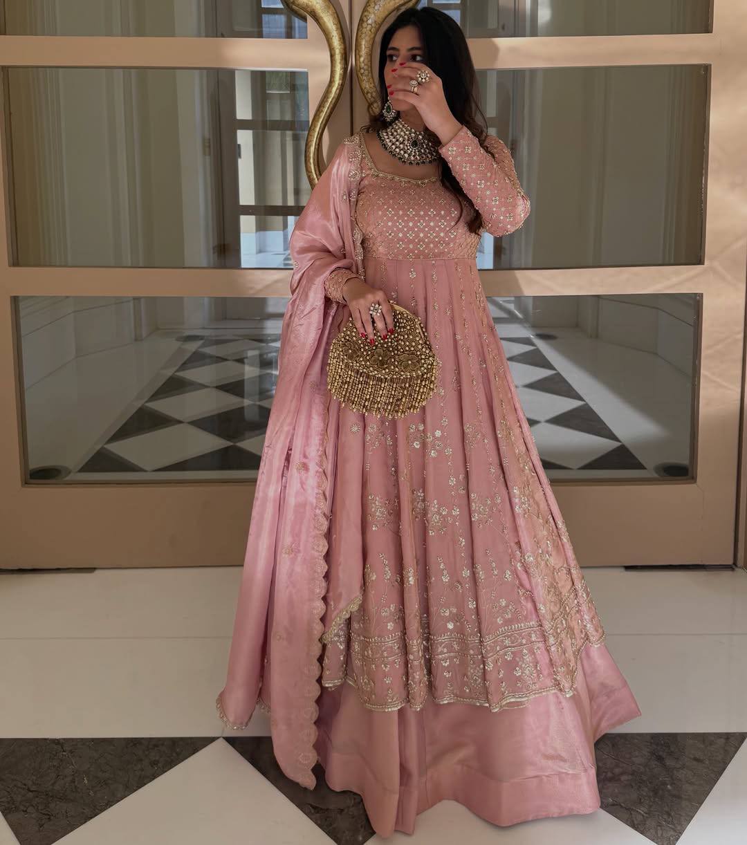 Dusty Rose Pink Heavy Silk Embroidered Anarkali Lehenga Set