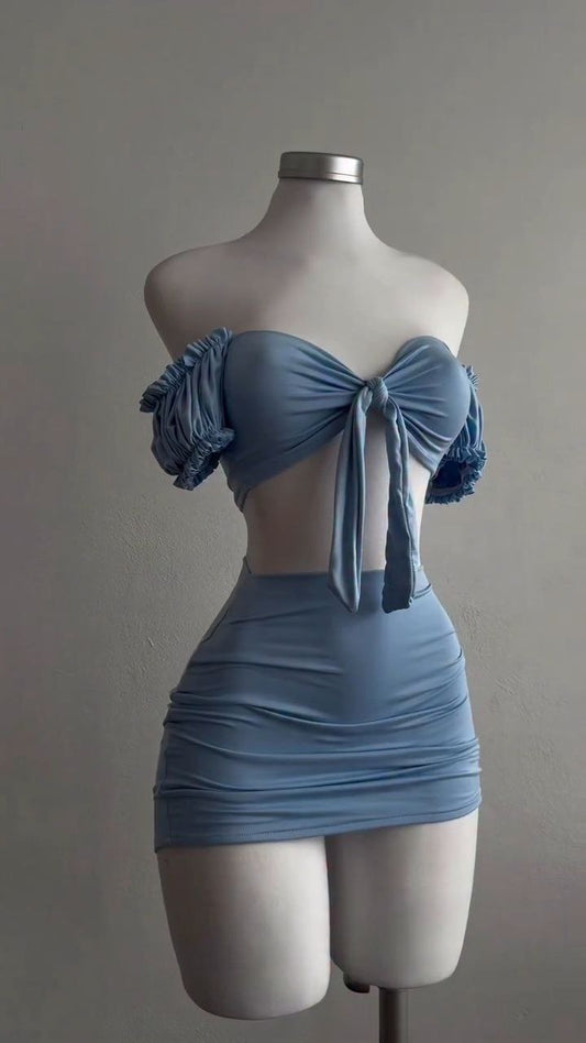 Dusty Blue Off-Shoulder Tie-Front Crop Top & Mini Skirt Set