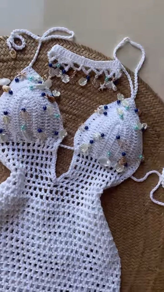 White Hand-Crocheted Beaded Halter Mini Dress