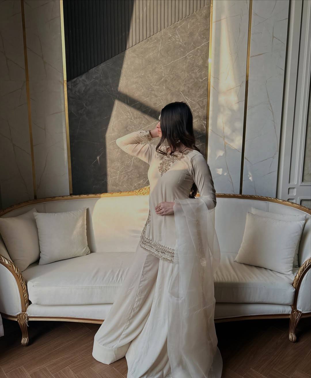 Off-White Korean Satin Silk Sharara Suit with Heavy Beadwork