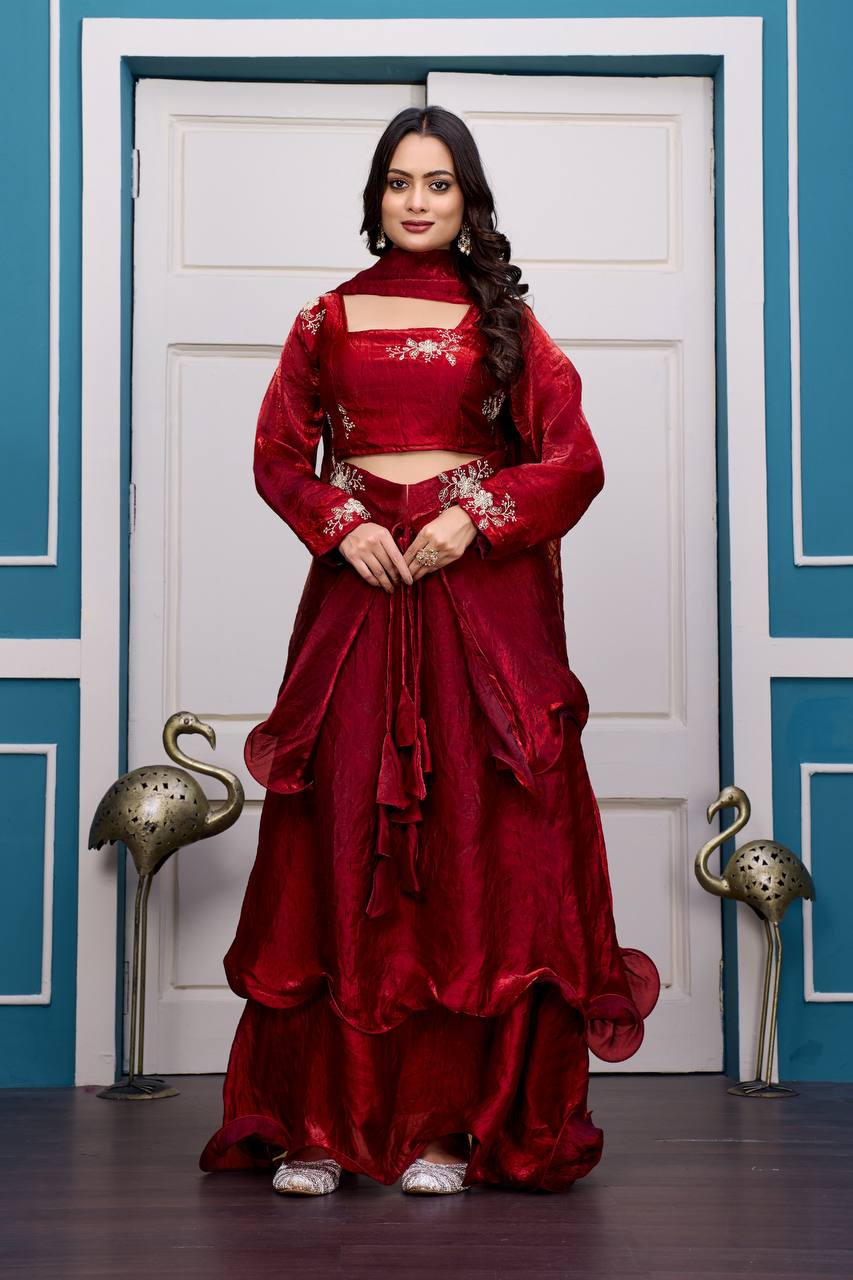 Magenta Layered Lehenga Set with Embroidered Blouse
