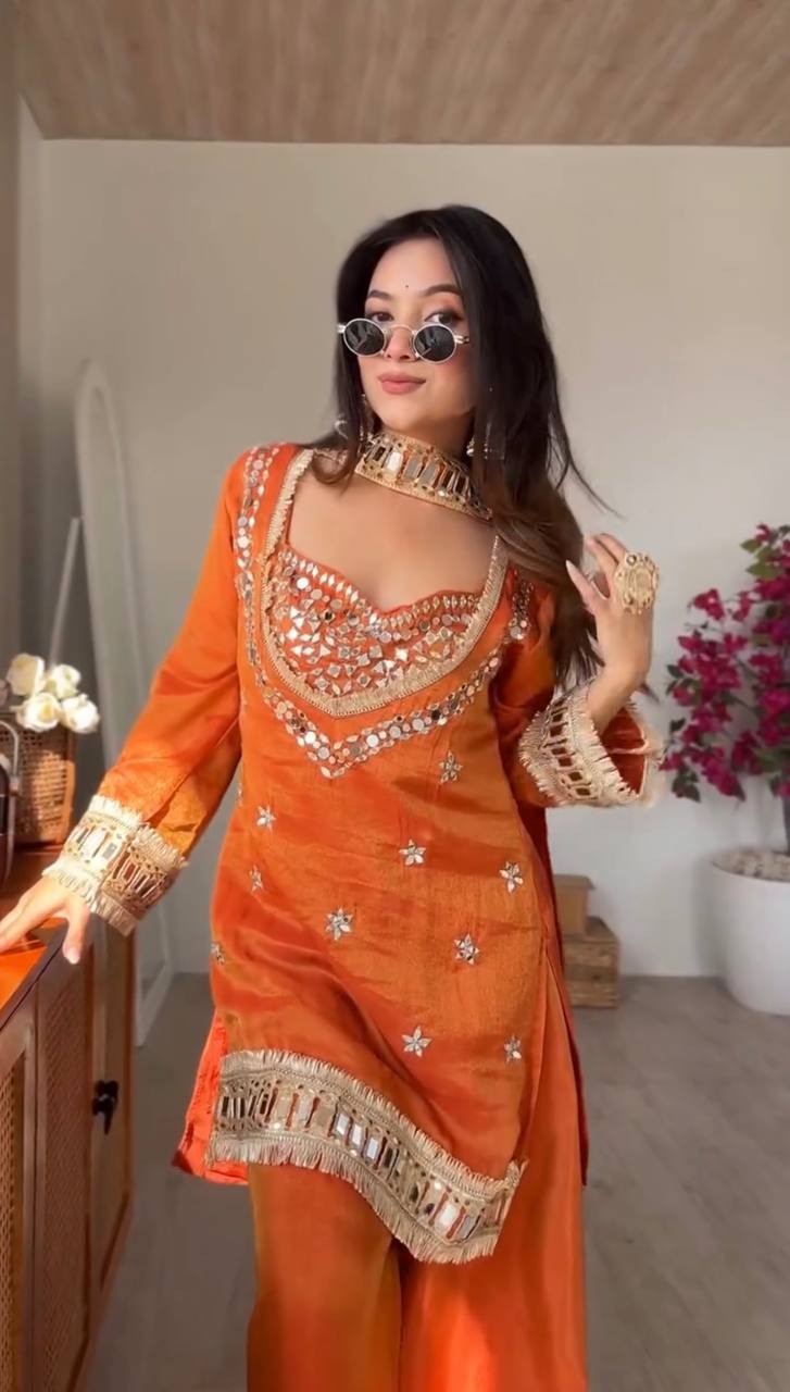 Rust Orange Embroidered Kurta Palazzo Set with Mirror Work
