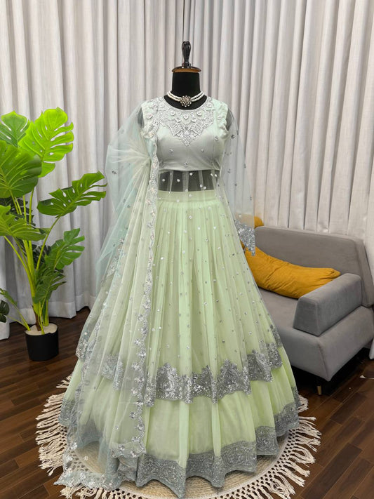 Pista Green Embroidered Gown with Lehenga and Dupatta Set