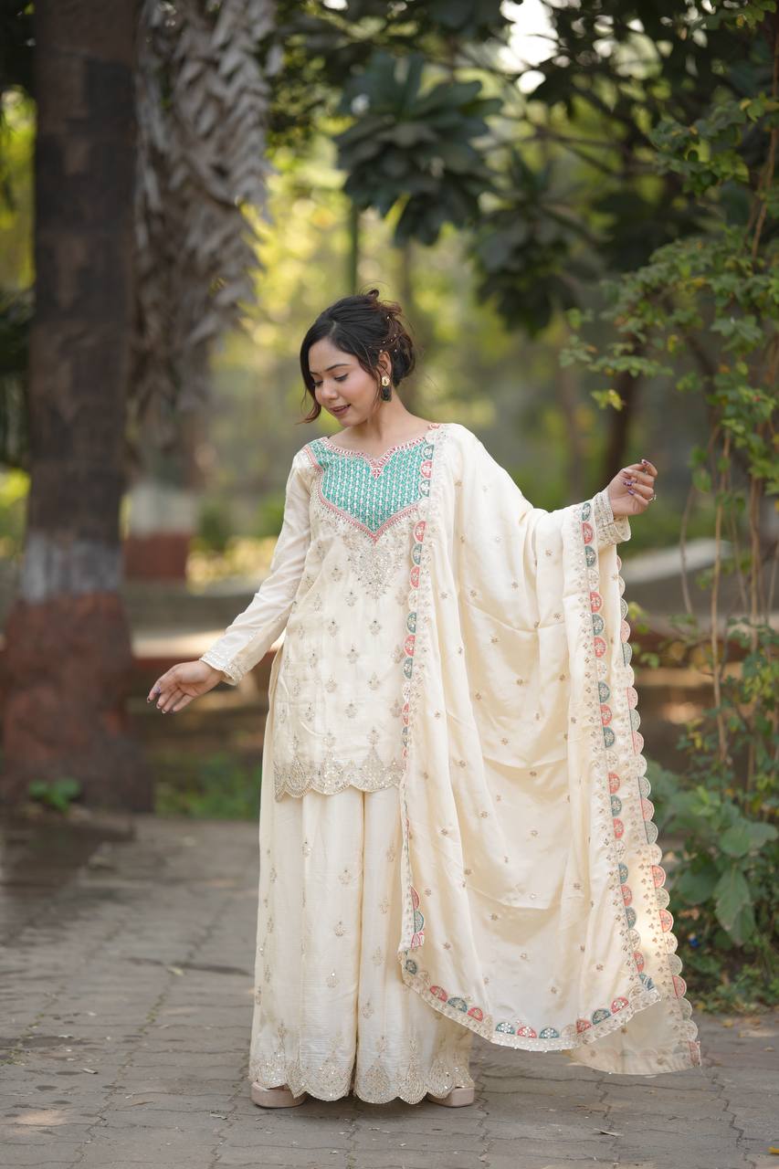 Ivory Embroidered Kurta Sharara Set with Elegant Dupatta
