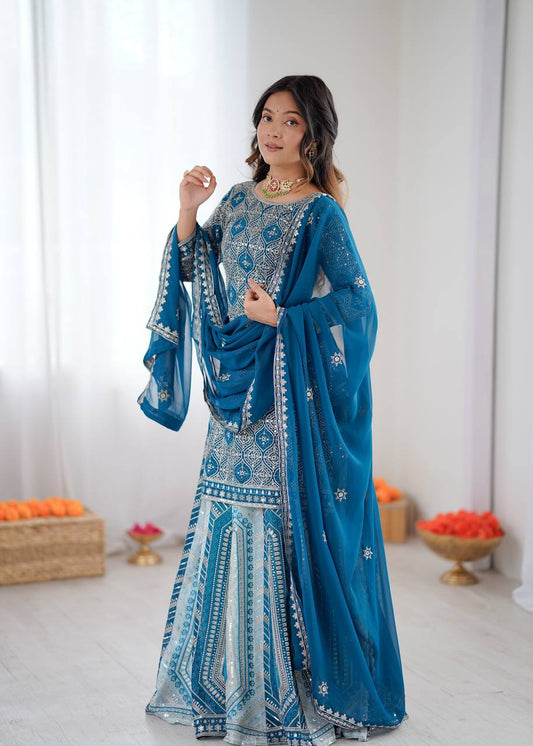 Teal Blue Embroidered Lehenga Set with Dupatta
