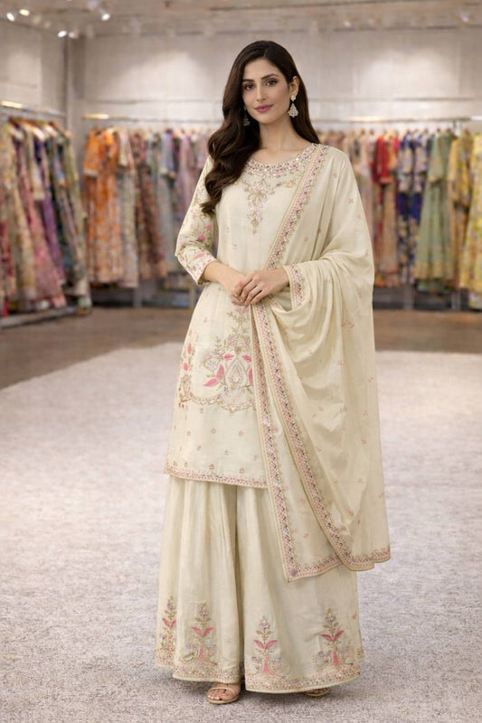 Ivory Embroidered Kurta Set with Sharara and Dupatta