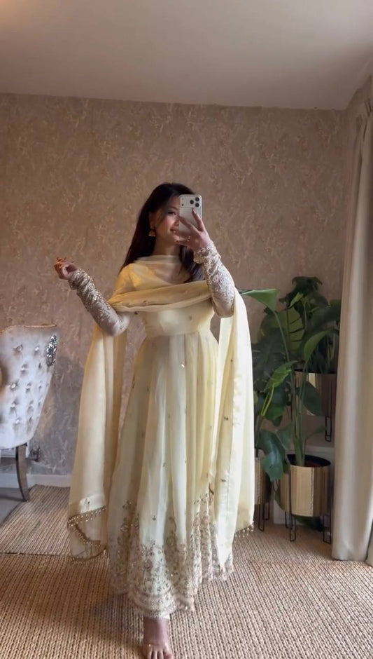 Butter Yellow Embroidered Anarkali Set with Dupatta
