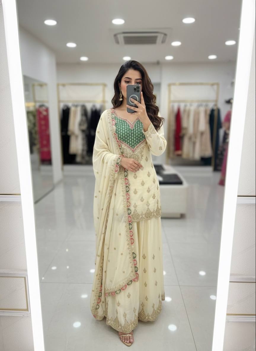 Ivory Embroidered Kurta Sharara Set with Pastel Dupatta