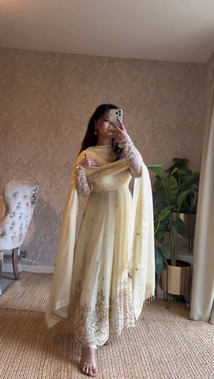 Butter Yellow Embroidered Anarkali Set with Dupatta