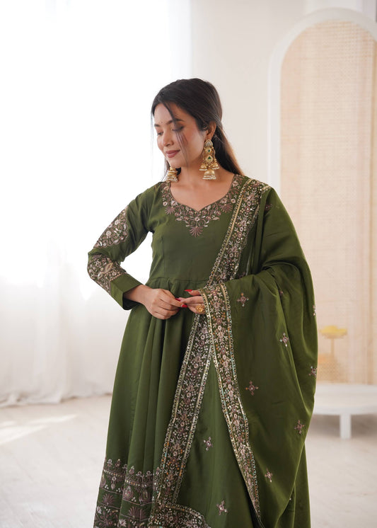 Mehendi Green Roman Silk Embroidered Anarkali Set