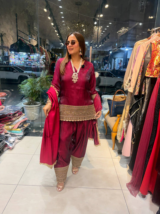 Deep Wine Embroidered Kurta Set with Patiala Pants and Dupatta
