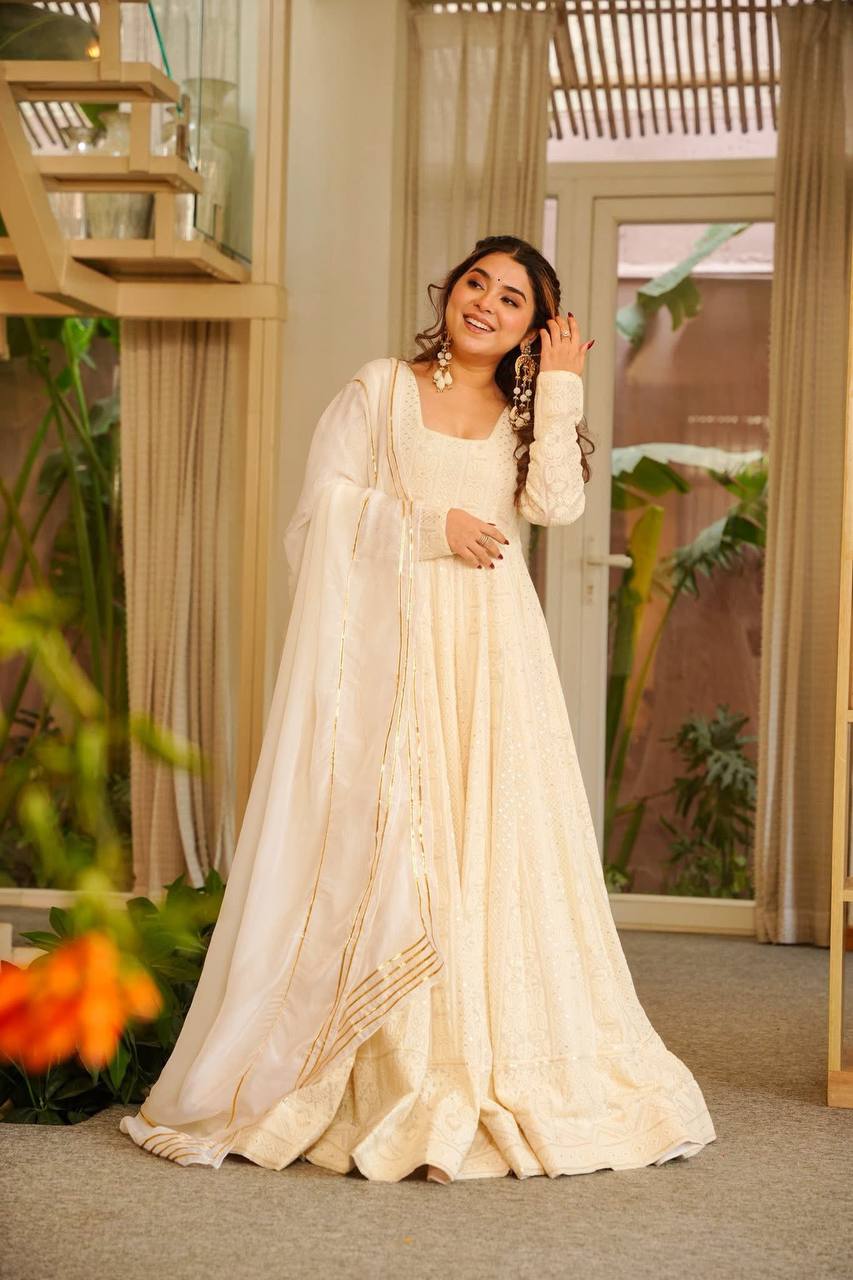 Elegant Ivory Embroidered Anarkali Gown Set