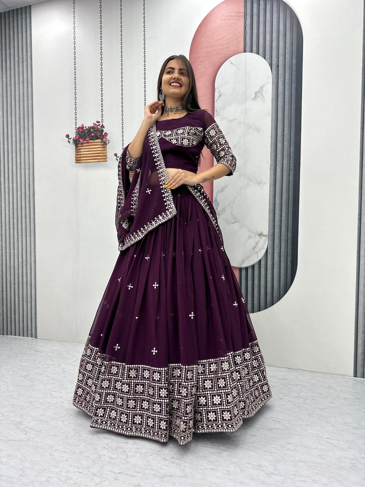 Plum Embroidered Lehenga Choli with Dupatta