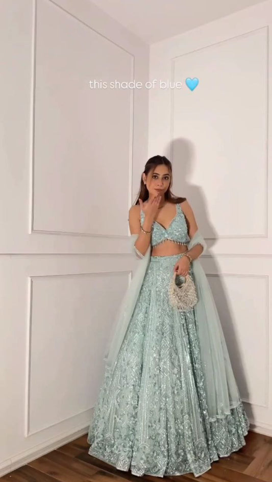 Sky Blue Sequins and Resham Embroidered Net Lehenga Choli Set