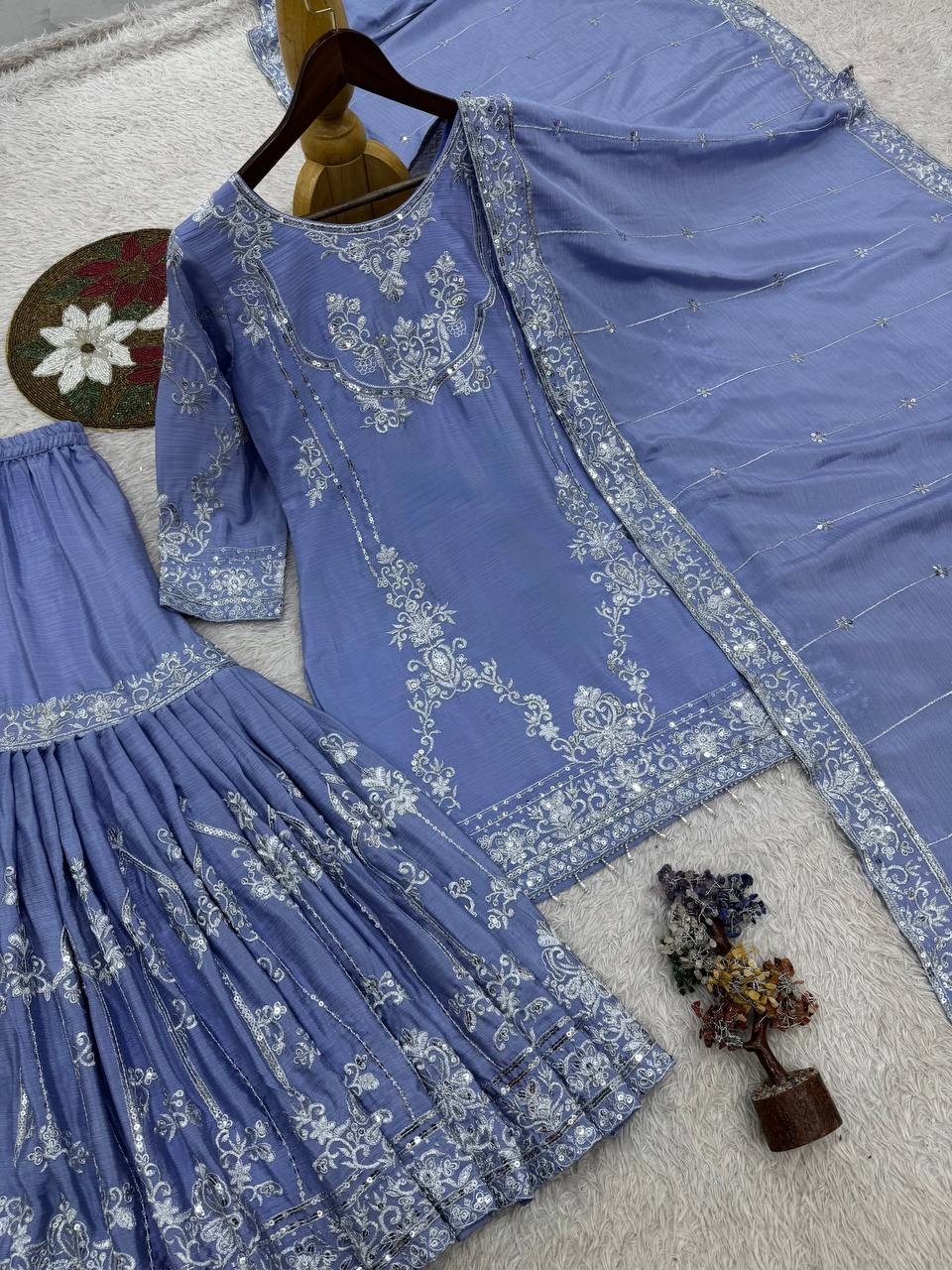 Powder Blue Chinon Sharara Suit with Sequence Work