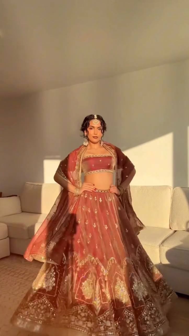Dusty Rose Embroidered Lehenga Set with Sheer Dupatta