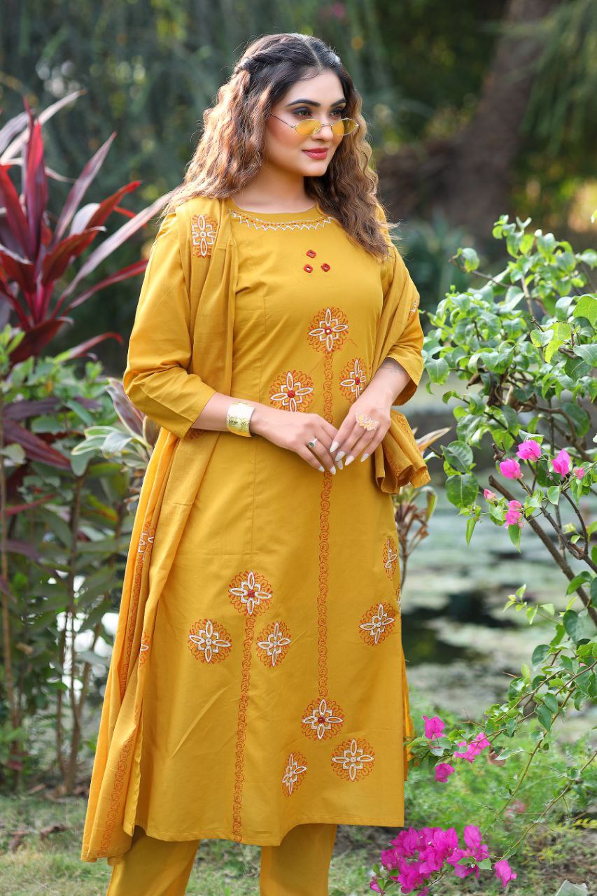 Mustard Pure Cotton Real Mirror Work A-Line Kurti Set