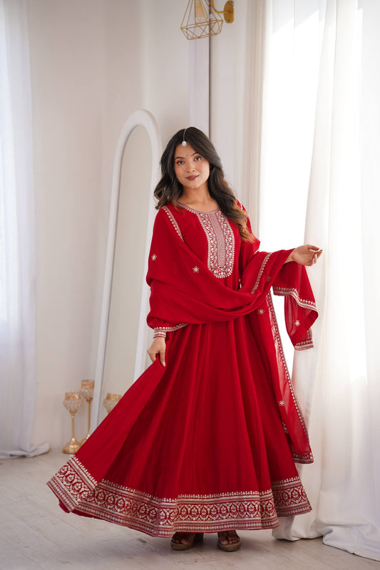 Red Embroidered Anarkali Suit with Dupatta