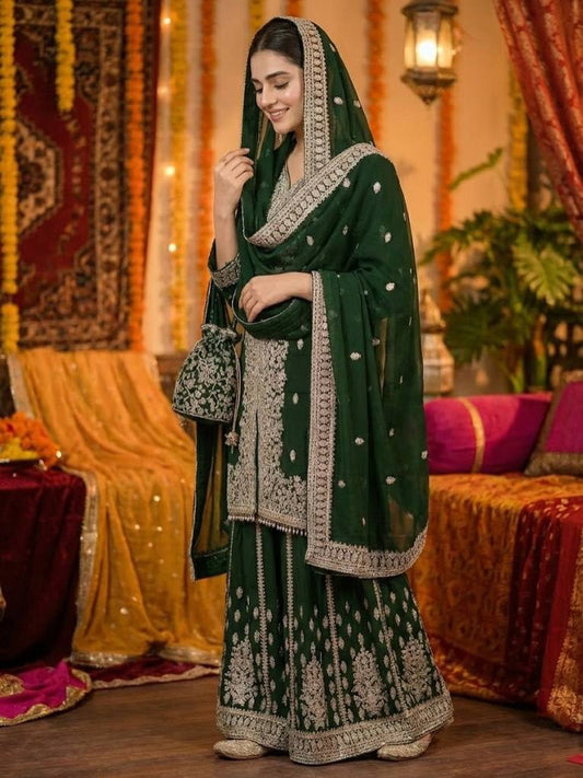 Emerald Embroidered Kurta Sharara Set with Dupatta & Potli Bag