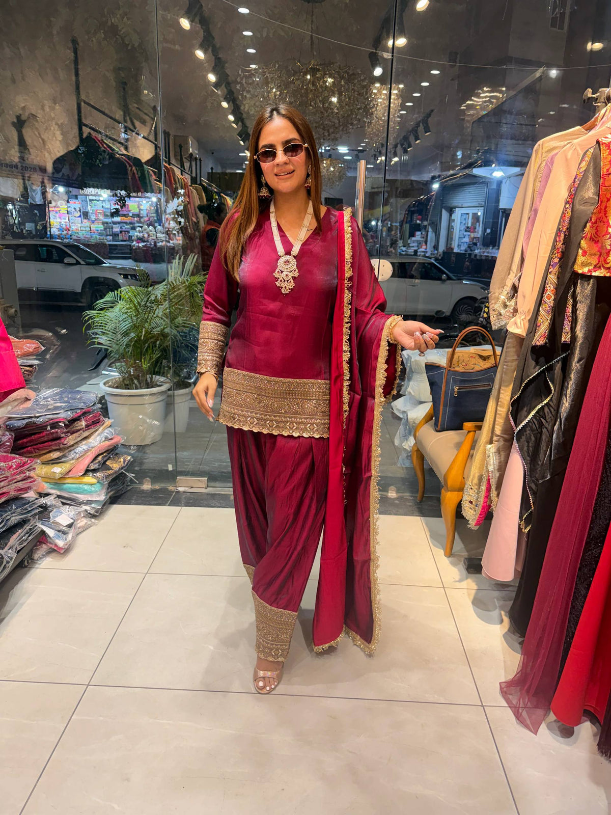 Deep Wine Embroidered Kurta Set with Patiala Pants and Dupatta