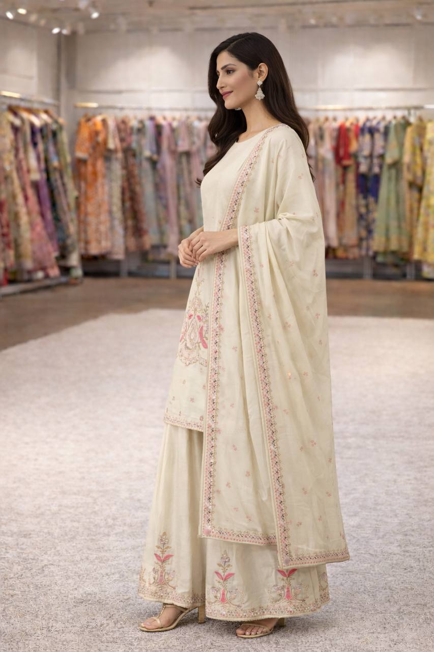 Ivory Embroidered Kurta Set with Sharara and Dupatta