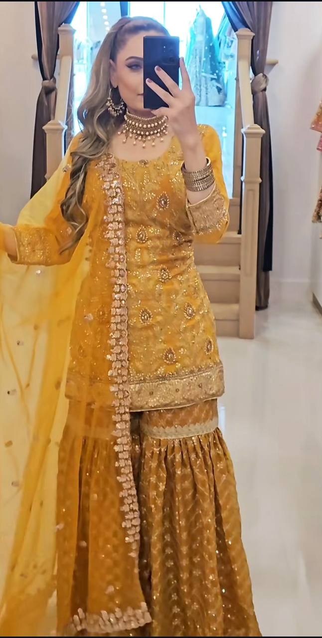 Mustard Yellow Embroidered Sharara Suit with Dupatta