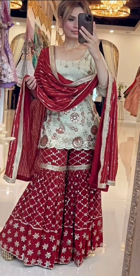 Designer Chinon Silk Embroidered Sharara Suit