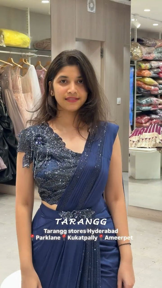 Midnight Blue Sequin Drape Saree