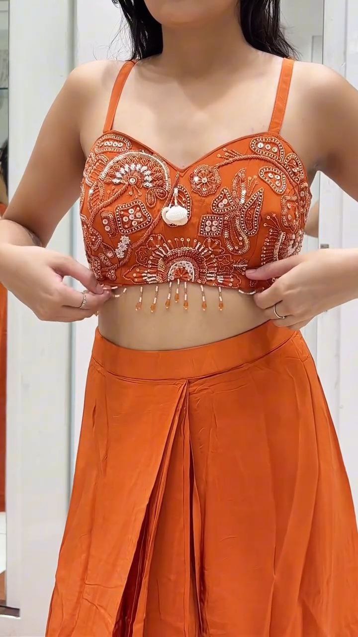 Burnt Orange Embroidered Crop Top with Draped Palazzo Set