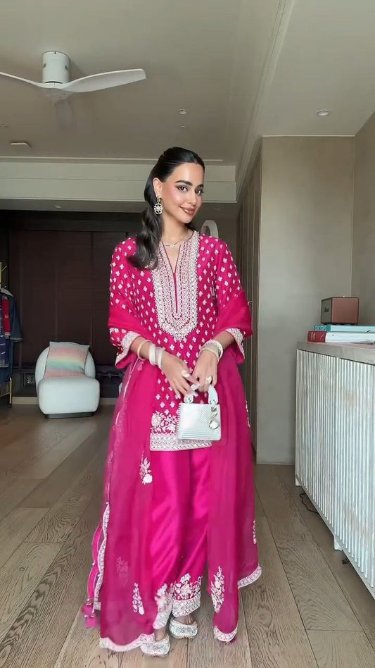 Rani Pink Embroidered Kurta Sharara Set