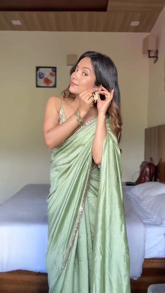 Sage Green Satin Embellished Saree