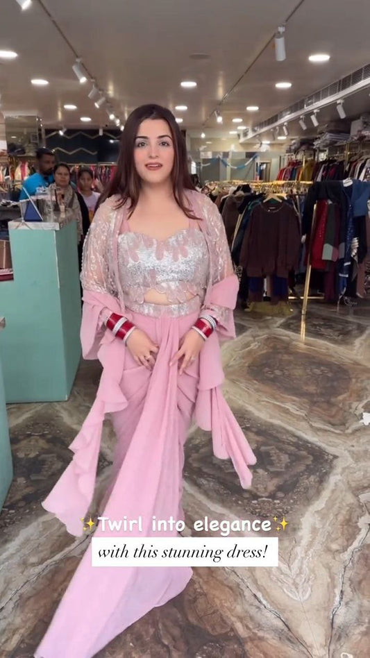 Baby Pink Sequin Ruffle Drape Saree Set