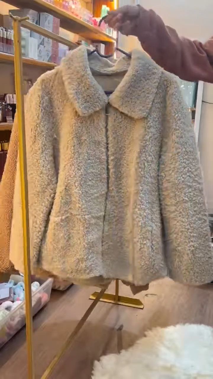 Beige Plush Winter Zip-Up Jacket for Women