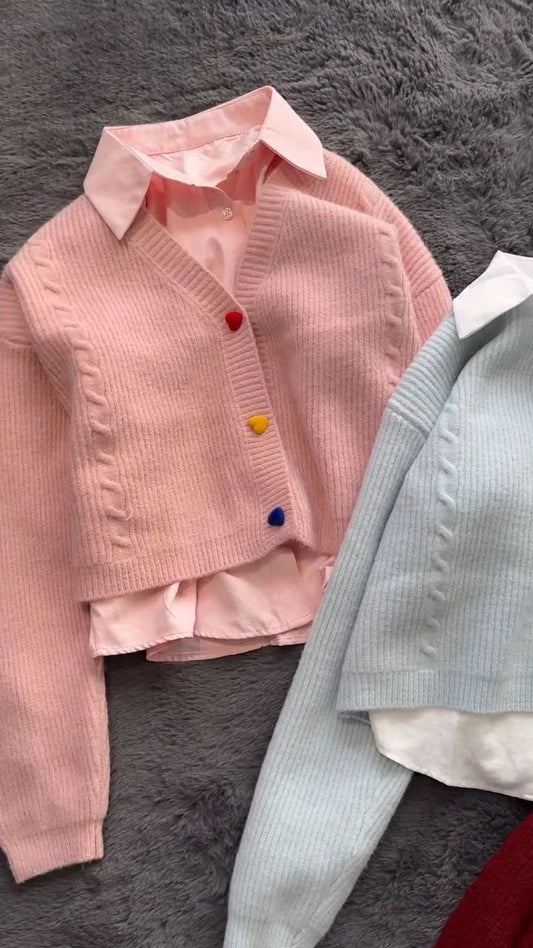 Women’s Cropped Knit Cardigan with Shirt Layer Detail