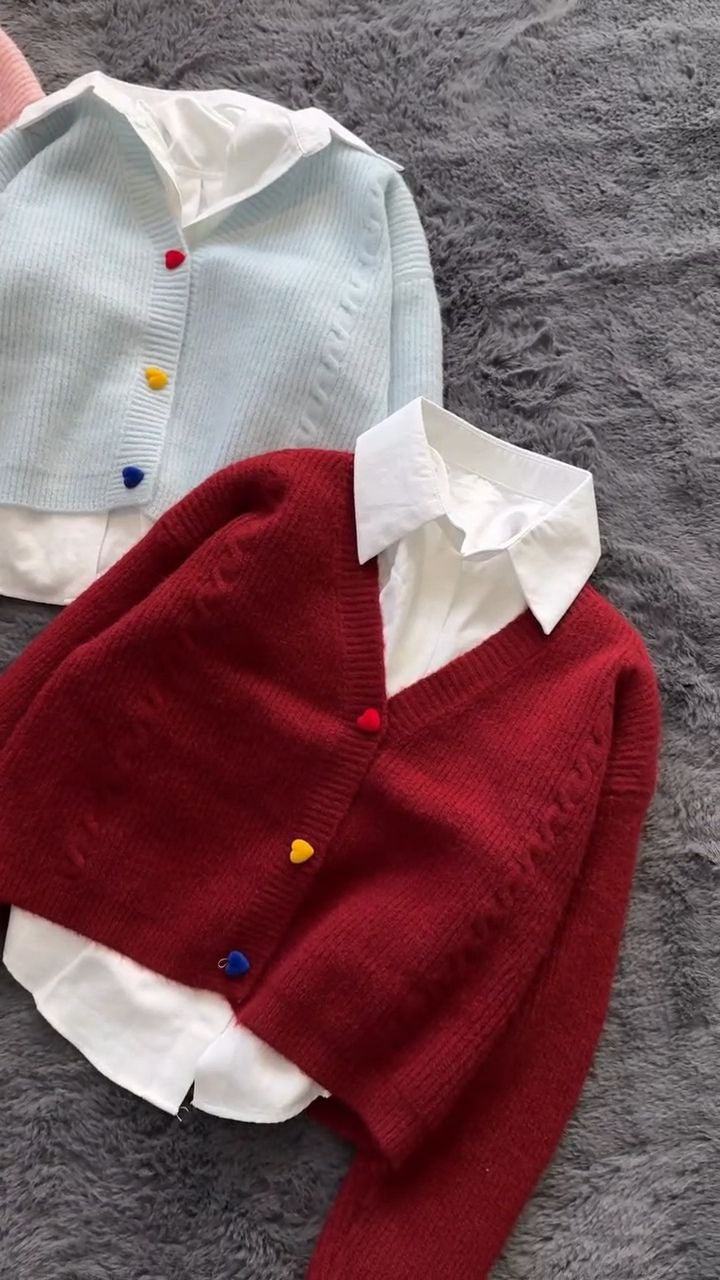 Women’s Cropped Knit Cardigan with Shirt Layer Detail